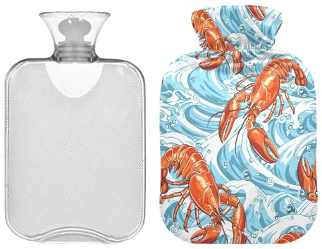 1L Large Hot Water Bottle with Cover, Orange Lobster Blue Sea Waves Cute Hot Water Bags for Hot and Cold Therapies, Menstrual Cramps, Neck and Shoulder Pain Relief