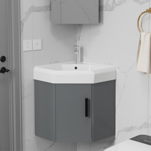 Wall Mount Corner Sink, Ceramic Sink, Small Space Design, Bathroom Cabinet With Faucet And Drain, for Bathroom and Toilets (Grey 48CM)