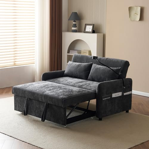 Gegtuon Klappbares Schlafsofa mit USB-Anschluss & Handyhalter & 2 Kissen, Couch Sofa mit Rückenlehne & Schlaffunktion Bettsofa, Bettkasten 163Lx111B cm für Wohnzimmer Schlafzimmer, Chenille (Grau)