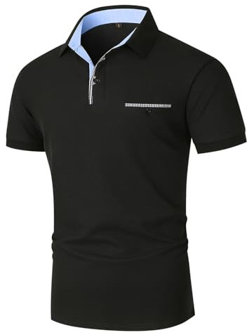 KUNJLELP Herren Poloshirt Kurzarm Atmungsaktiv Tennis Sport Polo Sommer Baumwolle T-Shirt mit Tasche,Schwarz 46,M