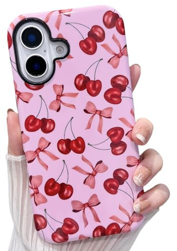MINSCOSE Kirsche Print Phone Hülle für iPhone 16 Hülle,Luxus Girly Niedlich Bow Trendy Muster,Slim Thin Hard Plastic Soft Silicone Cover für Frauen Mädchen für iPhone 16-Rosa