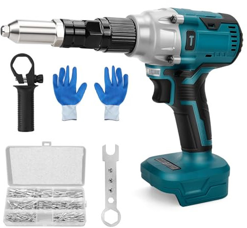 Roadtime Pince à riveter sans fil pour Makita 21V batterie, Outil de rivetage sans balai avec 175 rivets,4 adaptateurs, riveteuse electrique pour rivets aveugles 2.4-4.8 mm (Sans Batterie)