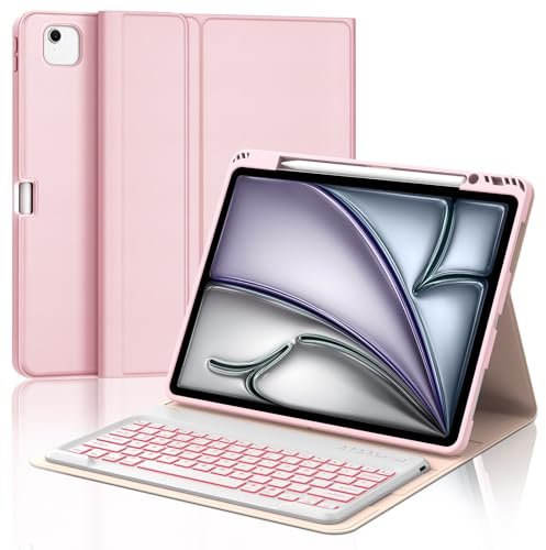 WAVATA Funda Teclado para iPad Pro 12.9'', Español Ñ Tecla para iPad Pro 12.9 Pulgadas 6/5/4/3 Generación, Teclado Bluetooth Desmontable Retroiluminado para Air 13'' 2024- Rosa