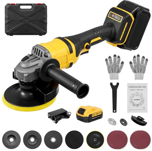 Akku Winkelschleifer Professional, 21V Winkelschleifer Elektrisch Set mit 2 * 5Ah Akkus, Scheiben-Ø125mm, 30,000RPM,1500W Bürstenlosen Motor, 3-Geschwindigkeiten, für Trenn, Schleif & Polieren