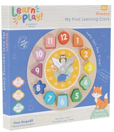 YöL Wooden Learning Clock Toy for Kids – Educational Shape & Number Recognition Puzzle with Rotating Hands – Style Learning Toy for Fine Motor Skills, Colour Matching Suitable for Ages 36m+