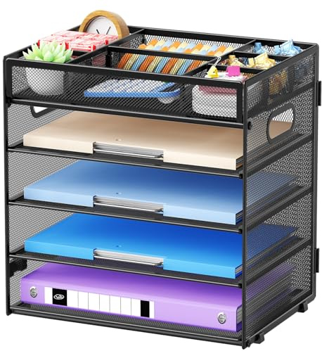 Marbrasse 5-stufiger Schreibtisch-Organizer aus Mesh, Papierkorb mit Verstellbaren Fächern und Griff, Schreibtisch Aufbewahrungsfach für Postdokumente, Home Büro Zubehör (Schwarz)