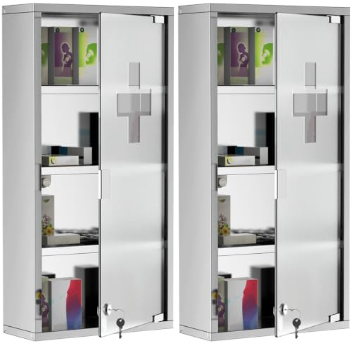 HOMCOM Lot de 2 Armoires à Pharmacie à 4 Niveaux, Porte Verre trempé, Symbole Croix, Acier Inoxydable brossé, 30L x 12l x 60H cm, Argenté