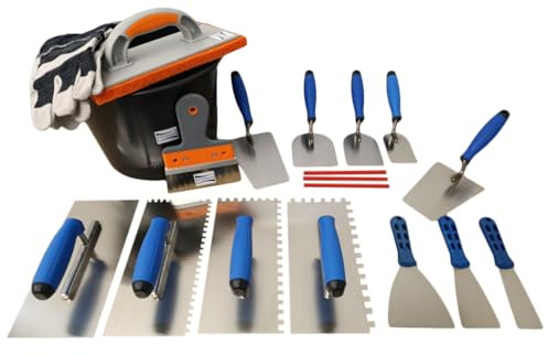 Kabou Professional Masonry Trowel Set with Smoothing Trowel, Toothed Trowel, Trapezoidal Spatula, Plastering Trowel, Rustproof Facade Spatula, Construction Bucket and much more.