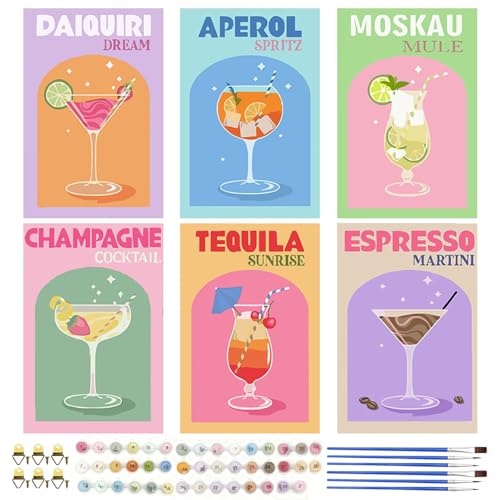 Vlecexs 6 Pièces Peinture Numero Adulte Cocktail, Peinture par Numero Adulte, DIY Peinte à la Main avec 6 Pinceaux et Peinture Acrylique, Cadeau pour Décoration Intérieure, Sans Cadre, 20x30cm (TZ607)
