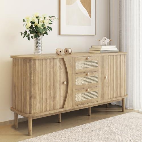 Merax Sideboard 140,5×40×76 cm, Rattankommode mit Schiebetüren, verstellbaren Einlegeböden, abgerundete Platte, stilvoller Stauraum für Wohnzimmer, Esszimmer & Flur, Holzfarbe