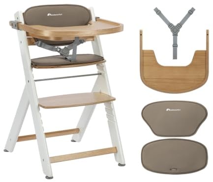 Bebeconfort Timba 2 avec Coussin, Chaise Haute Bébé Évolutive Bois, 6+ Mois, Jusqu'à 110 kg, Chaise Haute Enfant Ergonomique, S'adapte À La Plupart Des Tables, Plateau Amovible, Natural Wood + Beige