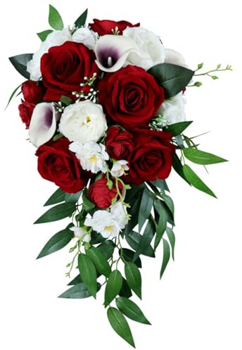 Hilai Wedding Bouquets for Bride, White Wine Red Calla Lily and Rose Wedding Bouquet, Artificial Rustic Waterfall Cascading Bouquet for Ceremony