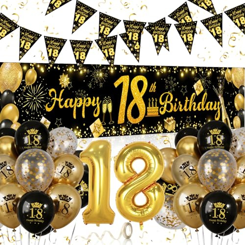 18. Geburtstag Deko Junge Mädchen Schwarz Gold mit Lange Banner 70cm*150cm | 18. Geburtstag Luftballons | Girlande “18”, Folienballon Nummer 18, Konfetti für 18. Geburtstagsparty Deko