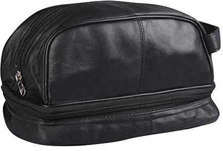 RAS WALLETS Mens Ladies Large Genuine Leather Travel Overnight Wash Gym Toiletry Cosmetic Shaving Bag with Carry Handle 3530 (Black)