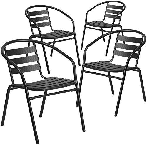 Flash Furniture Aluminum Slat Back Stacking Outdoor Restaurant Chairs, Modern Stackable Patio Chairs for Restaurants, Set of 4, Black