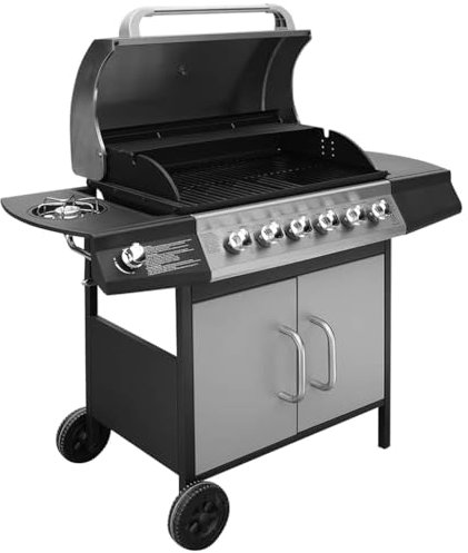 vidaXL Barbacoa Grill de Gas 6+1 Quemadores con Ruedas Color Negra y Plateada