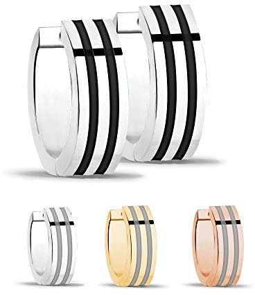 Treuheld® | Gestreifte Bicolor Creolen Ohrringe | Edelstahl | 7mm x 12mm | Silber/Schwarz | zweifarbige Klappcreolen | Damen + Herren | Set Paar