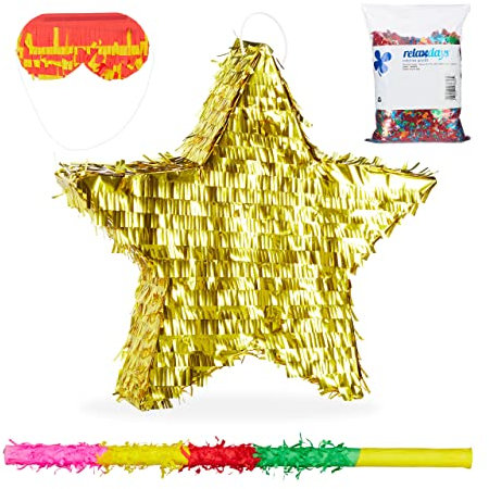 Relaxdays 4 TLG. Pinata Set Stern, XXL Konfetti Sack, Pinatastab mit Augenmaske, Piñata Gold, Stock & Augenbinde, Papier, bunt