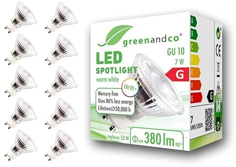 greenandco 10x GU10 LED Spot | 7W 380 lm | 2700K warmweiß | 36° | 230V | CRI 97+ | flimmerfrei | nicht dimmbar