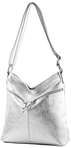 modamoda de T196 Damen Leder Schultertasche Umhängetasche handmade in Italy, Farbe:Silber-Metallic
