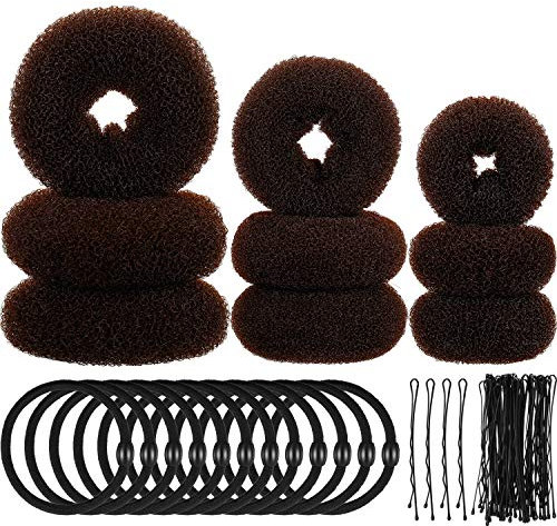 9 Stück Donut Haar Brötchen Hersteller Former Schaum Schwamm Donut Brötchen Ring Stil Set mit 12 Stück Haar Gummibänder Krawatten und 32 Stück Haar Bobby Pins für Frauen Mädchen (Braun)