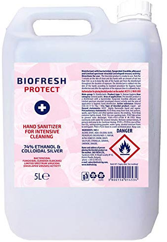 5 Litre Hand Sanitiser Gel, 74% Alcohol EN14476 Certified, Biofresh Protect Intensive Cleansing Gel, 5L Refill - UK Stock