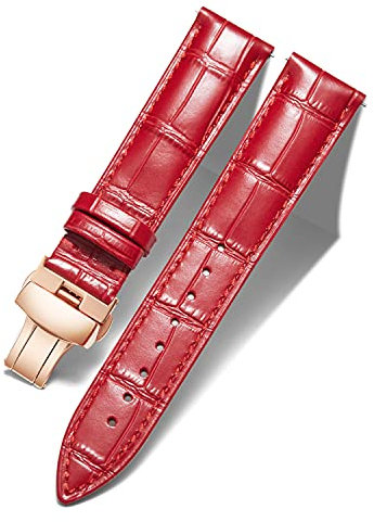 BINLUN Bracelet de Montre en Cuir Femme Homme 12mm-24mm Bracelet de Remplacement avec Boucle de Déploiement Papillon Argent/Or/Or Rose(18mm Rouge-Boucle Or Rose)