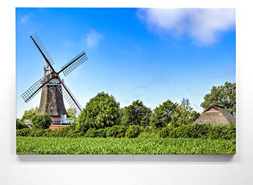 Atemberaubendes Nordsee Panorama Leinwand-Bild 120x80cm, Motiv Windmühle auf Föhr. Ein einzigartiges XXL Wandbild als Deko für Wohnzimmer, Schlafzimmer, Küche. Aufgespannt auf Holzrahmen