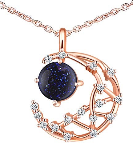 MICSAVI Crescent Moon Necklace Women's 925 Sterling Silver with Blue Stone and Cubic Zirconia Astronomical Series Moon Necklace for Women and Girls Rose Gold