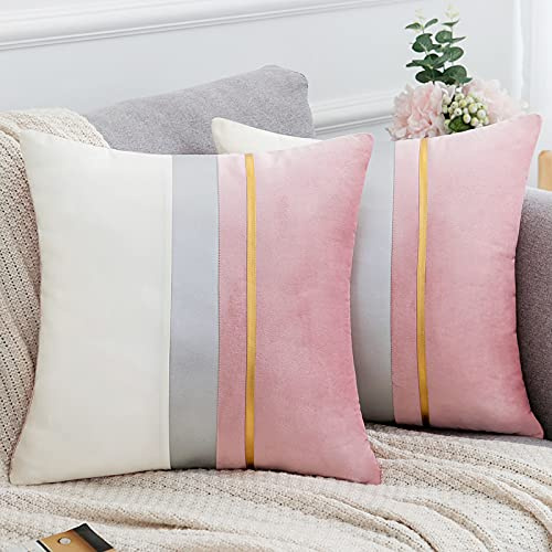 Serento Copricuscino 40x40 cm in Velluto Rosa e Bianco con Cuciture in Pelle Fodera per Cuscino Decorativo di Lusso per Divano Soggiorno Auto Decorazione Della Casa con Cerniera Invisibile,Set di 2