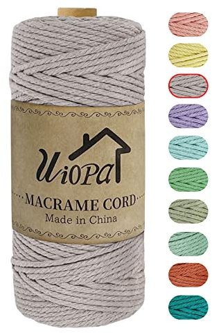 Uiopa Corda Macrame 3mm x 100m, Macramè Filo Natural Cotone, Spago Colorato Corda per Uncinetto, Arazzo da Parete, Appendiabiti per Piante, Decorazione di Natale Festa (Grigia canapa)