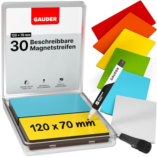 GAUDER Magnetetiketten beschreibbar - Wiederverwendbare Magnetschilder zum Beschriften für Whiteboard, Tafel, Kanban-Board und Kühlschrank - Magnetkarten mit Marker (30 Stück - 120 x 70 mm)