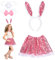 HONMOK 4pcs Déguisements de Lapin pour Fille Costume de Lapin Rose pour Enfant inclut Bandeau d'oreilles/Noeud/Robe/Queue Ensemble Déguisement pour Fête Pâques Anniversaire Carnaval (3 à 10 Ans)