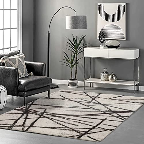 Calore Teppich Wohnzimmer Beige Schlafzimmer Teppich Flauschig Kurzflor Waschbarer Dunkelbraun Gestreifter Teppiche (80 x 120 cm, Beige)