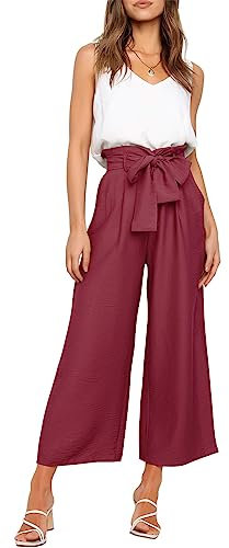FANCYINN Damen 2 teiliges Crop Pants Set mit weitem Bein Wide Strap V-Ausschnitt Tank High Waist Cropped Paper Bag Hose mit Gürtel weiß Top und Weinrot Hose M