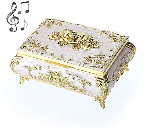 SUMNACON Metal Music Box Musical Jewelry Box Keepsake Box Case, Vintage Music Box Organizer Rose Embossed Musical Box for Christmas, Birthday, Valentines Day (Beige Gold)