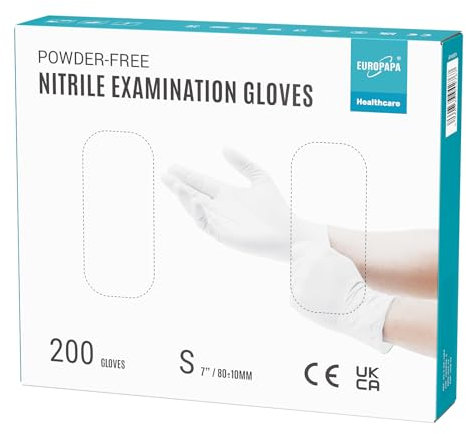 EUROPAPA® Lot de 200 gants jetables en nitrile non poudrés EN455 EN374 - Sans latex - Tailles S, M, L et XL (S, Blanc)