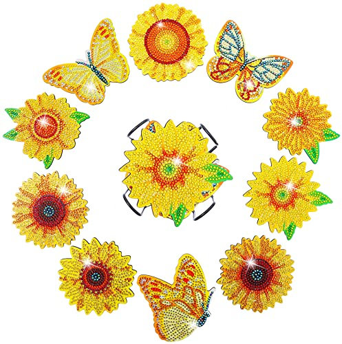 10 Stück Diamond Painting Untersetzer mit Halter, Diamond Painting Erwachsene, Wiederverwendbare DIY Sonnenblume Tassenuntersetzer mit Diamanten und Montagewerkzeuge fur Tassen,Vasen, Kerzen Dekoratio