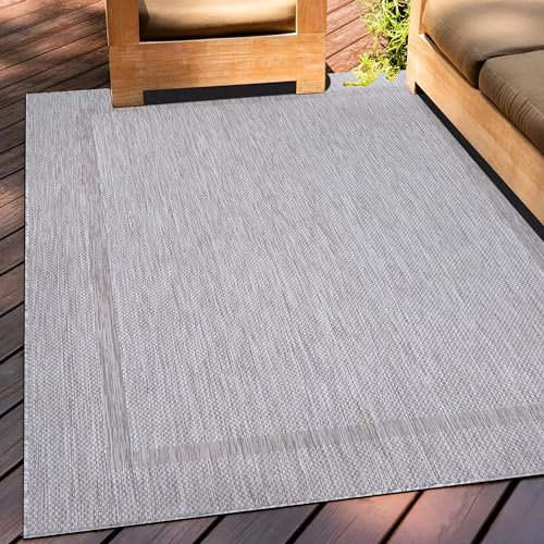 Teppium Outdoor Teppich Wetterfest 250x350 (240 x 340 cm) Silberfarbe Sisal Optik - Küchenteppich Waschbar rutschfest, Wasserfest, Bordüre, Pflegeleicht - Ideal für Balkon, Terassen, Garten, Camping