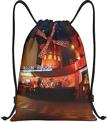 DEHIWI Moulin Rouge Kordelzug-Tasche, großer Turnbeutel, Sportrucksack, Schwimmtasche, Reisetasche, Strandtasche für Jungen und Mädchen, Schwarz , M