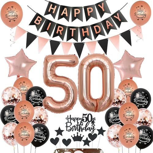 Palloncini decorazione 50 anni compleanno donna Nero Oro Rosa, palloncini 50 anni compleanno donna decorazione compleanno 50 anni donna decorazione torta 50 anni compleanno donna Oro Rosa