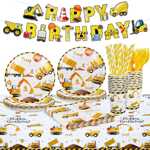 wogngls 103 Stück Bagger Partygeschirr Set Kindergeburtstag Deko, Partygeschirr Kindergeburtstag Bagger Geburtstag Deko 2 Jahre Junge, Baustelle Party Tischdecke Pappteller Becher Servietten Banner