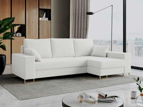 MKS MEBLE Ecksofa - L-Form Sofa mit Schlaffunktion - Wohnlandschaft L Form, Ecksofa mit Schlaffunktion und Bettkasten, Schlafsofa mit Bettkasten, Couch mit Schlaffunktion - Weiß Dorian