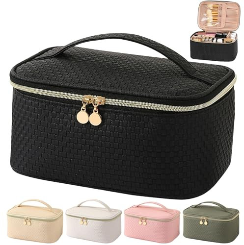 Bestash Kulturtasche Damen,Wasserdichter Reise Kosmetiktasche,PU Leder Make Up Tasche,Schminktasche Groß Mit BüRstenfach,Kulturbeutel Organizer Tragbare Make Up Bag (Elegantes Schwarz)