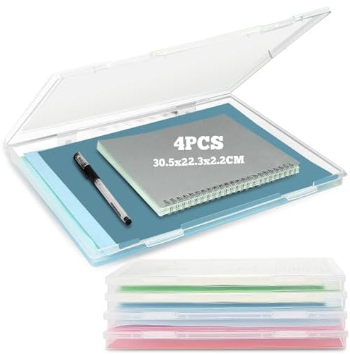 WANDGU Tragbare Archivbox: 4 Stück A4 Transparente Organizer-Box, Stapelbare Multifunktionale Bürobedarf Aufbewahrungsbox für Dokumente, Briefe, Sammelalben, Zeitschriften(30.5 * 22.3 * 2.2CM)