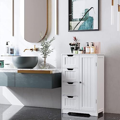BLUEBRIT® Wooden Bathroom Floor Cabinet Storage Unit Free-Standing with 4 Drawers & 1 Door, Adjustable Shelf,for Ample Storage- Elegant White Finish