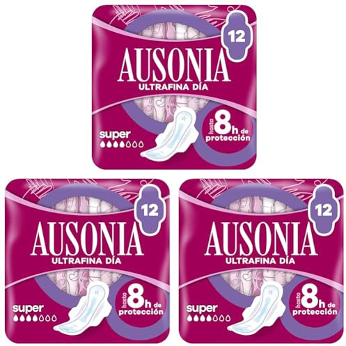 Ausonia Ultrafina Compresas con Alas, Super, 12 Unidades, Hasta 8 Horas de Protección (Paquete de 3)