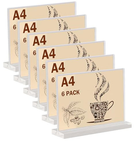6 Stück Tischaufsteller A4, Preisschilder Aufsteller A4, Tischständer Acryl T-Ständer für Prospekte Menükarte Werbung Fotorahmen, Menükartenhalter für Restaurant, Café, Büro, Fotos, Geschäfte, Shop