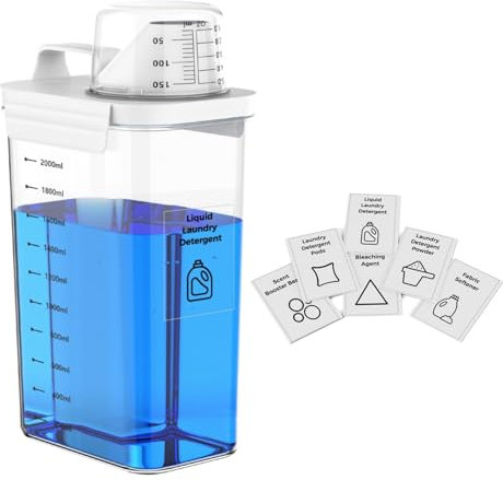 Anhow 2300ml Dispensador de Detergente, Dosificador Detergente Lavadora con Vaso Medidor Sin BPA con 6 Pegatinas de Categorías para Detergente y Detergente en Polvo - Transparente