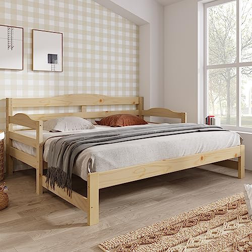 Merax Sofa Bed with Curved Design, Extendable Pull out Trundle, Modern Daybed for Living Room and Bedroom, Suitable for 1-2 Sleepers, Natural, 90-176x190cm